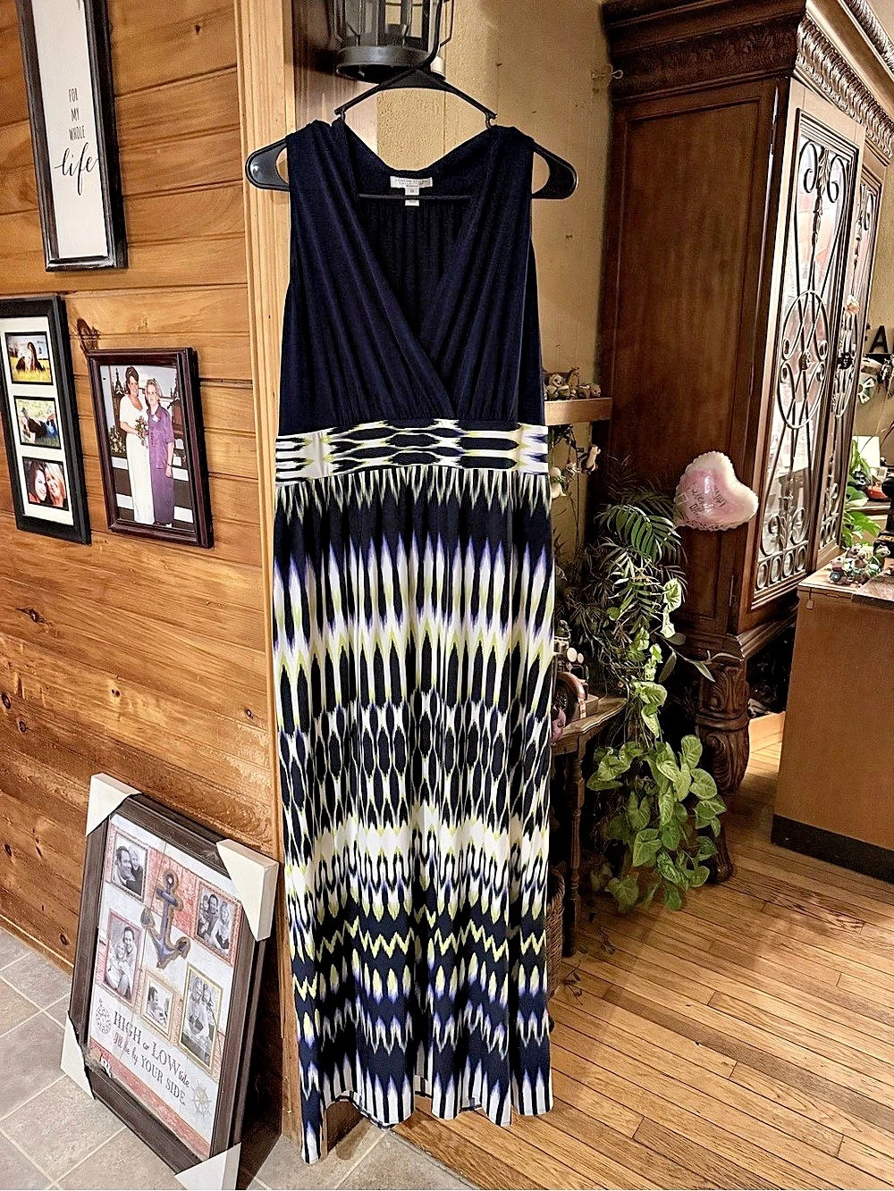 London Style Collection Geometric Maxi Dress in Black & Blue Size 1X